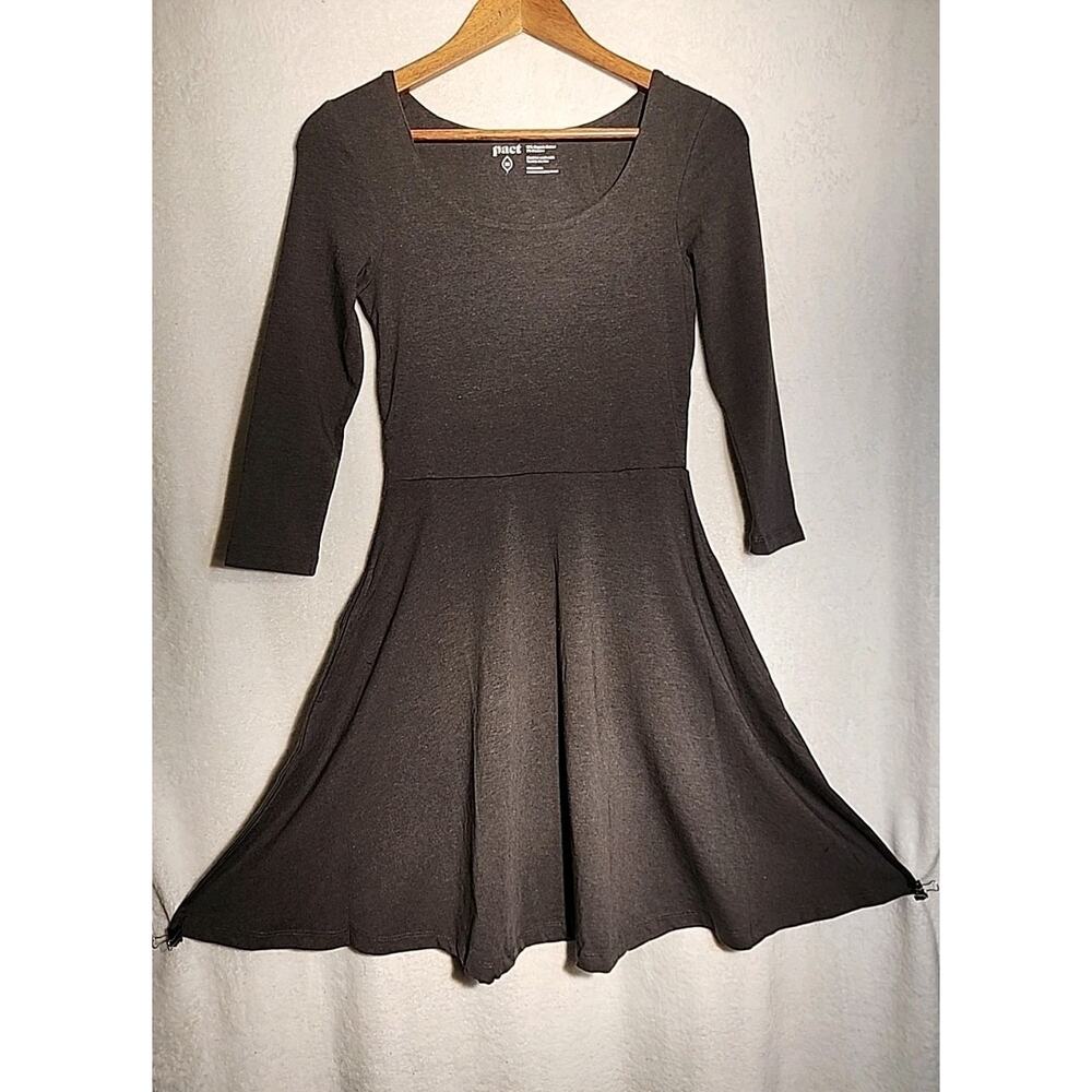 Pact Organic Cotton 3/4 Sleeve Flare Midi Dress Charcoal With Pockets XS New - Picture 4 of 8